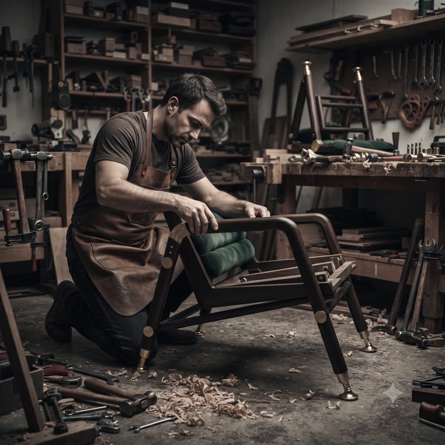 Craftsman kneeling in the workshop assembling a walnut lounge chair with green upholstery