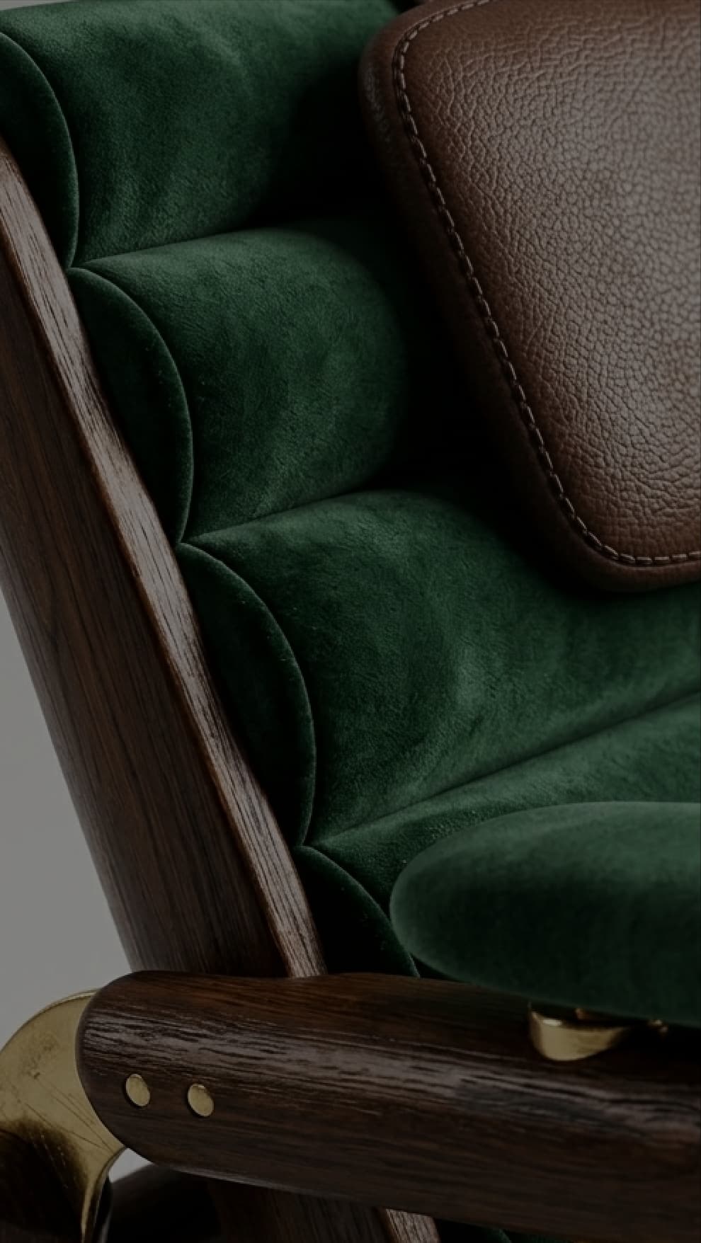 Revel — green velvet upholstery with stitched leather headrest