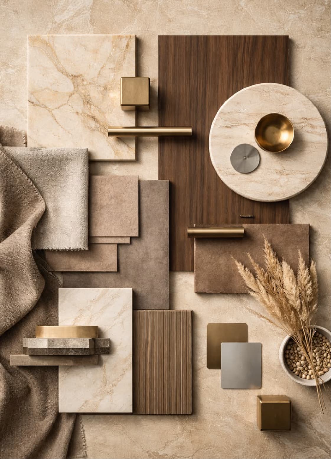 Material flat lay of marble, walnut, brass and linen samples