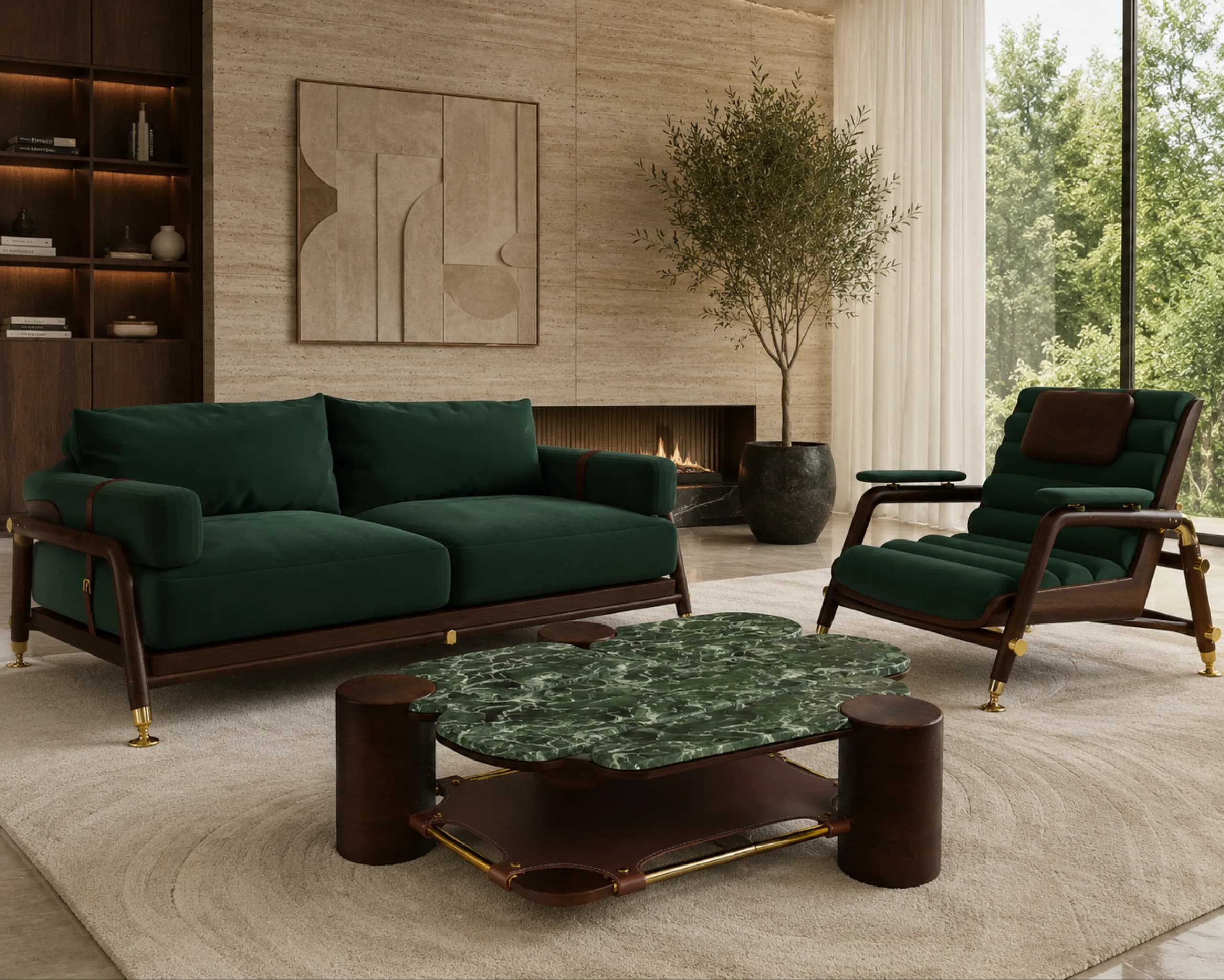 Revel styled living room with emerald velvet sofa and green marble coffee table