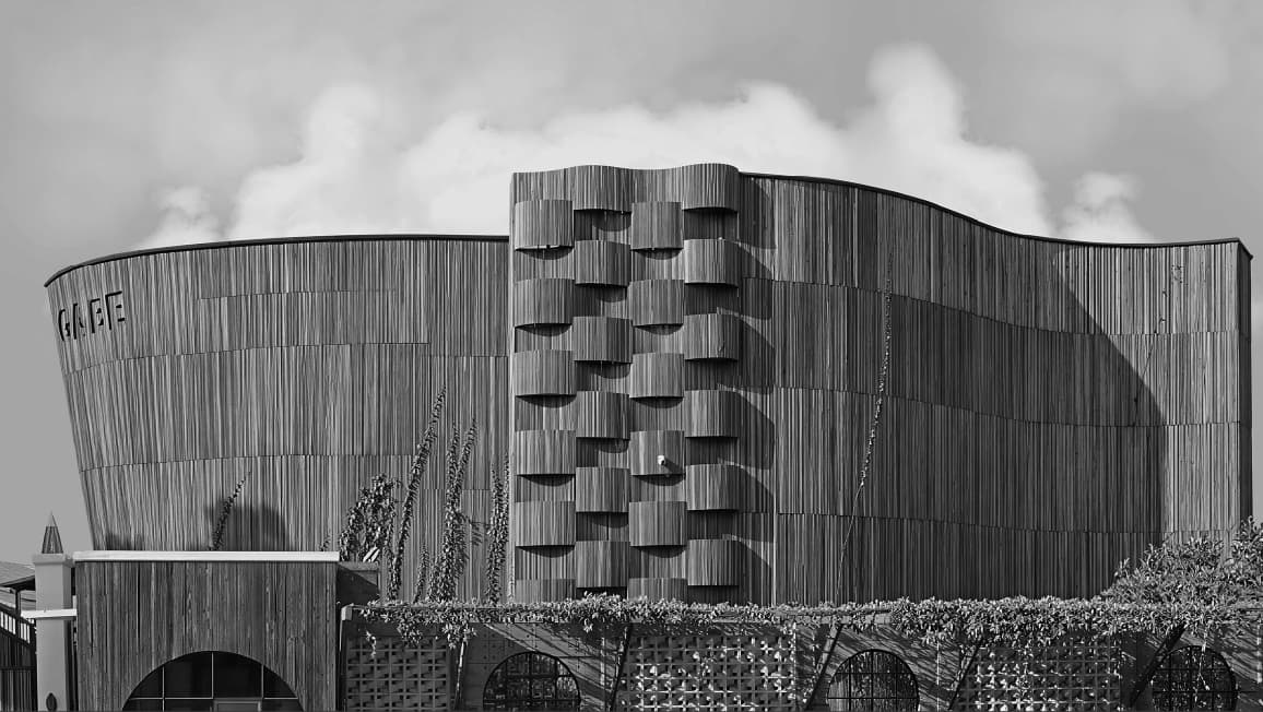 GABE workshop building with sculpted timber facade