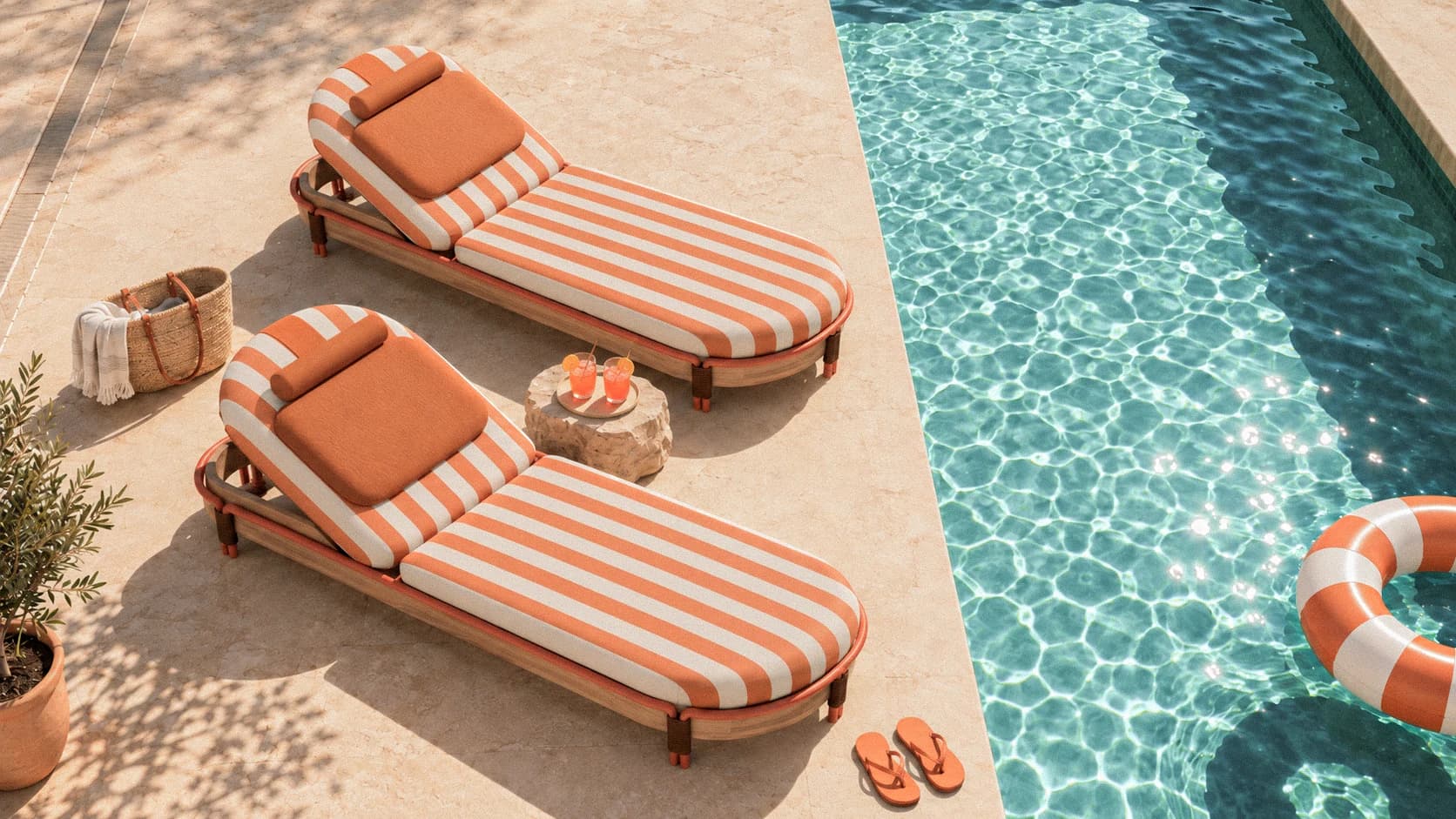 Cabana orange-striped sun loungers beside a swimming pool