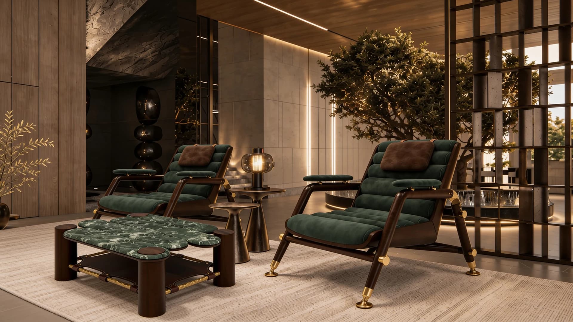 Ravenscroft green lounge chairs with a dark stone coffee table