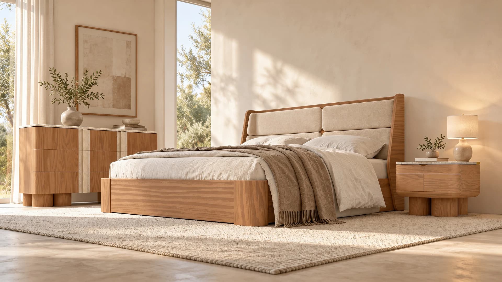 Solenne wood bed with coordinating bedside tables and chest of drawers