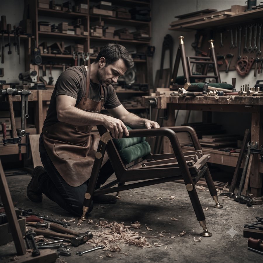 Craftsman kneeling in the workshop assembling a walnut lounge chair with green upholstery