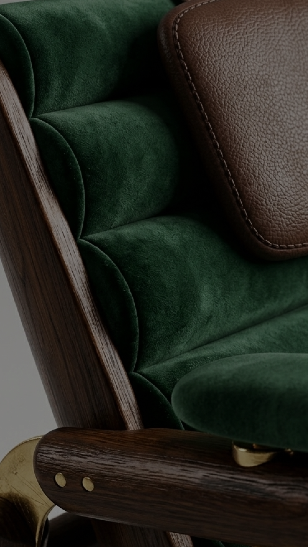 Revel — green velvet upholstery with stitched leather headrest