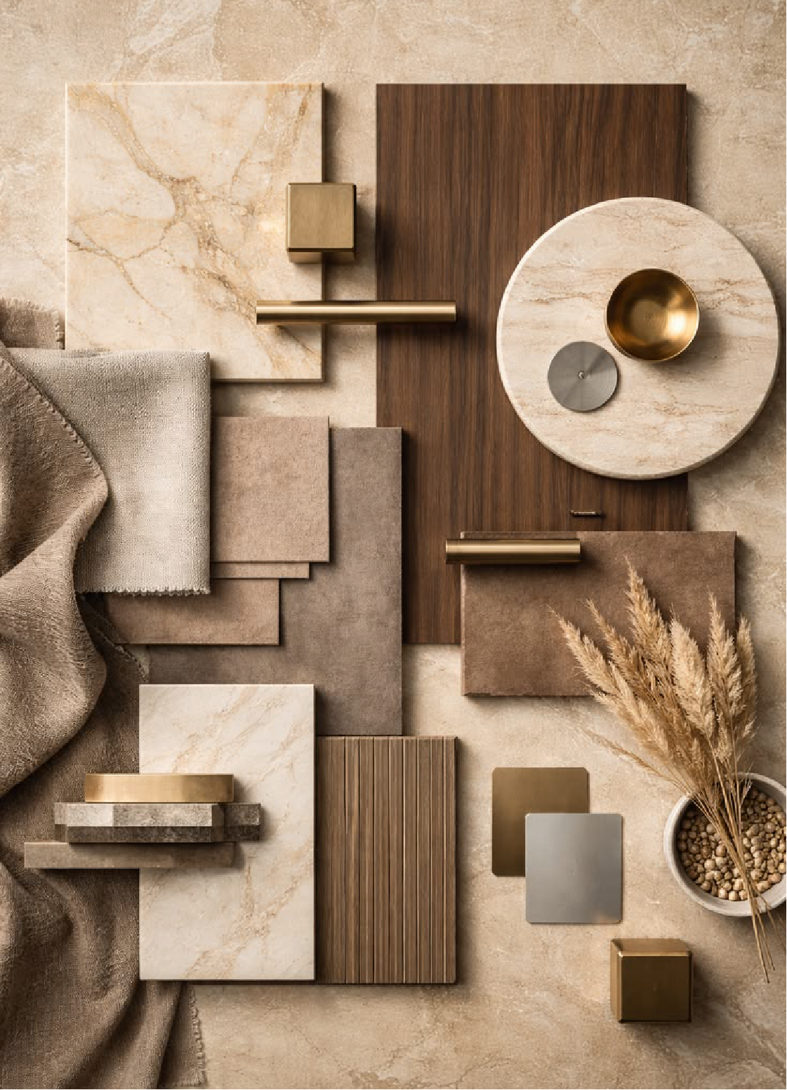 Material flat lay of marble, walnut, brass and linen samples
