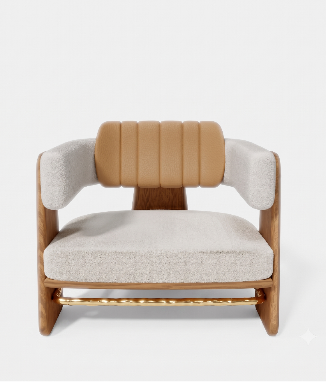 Lounge chair with tan leather backrest and bouclé seat