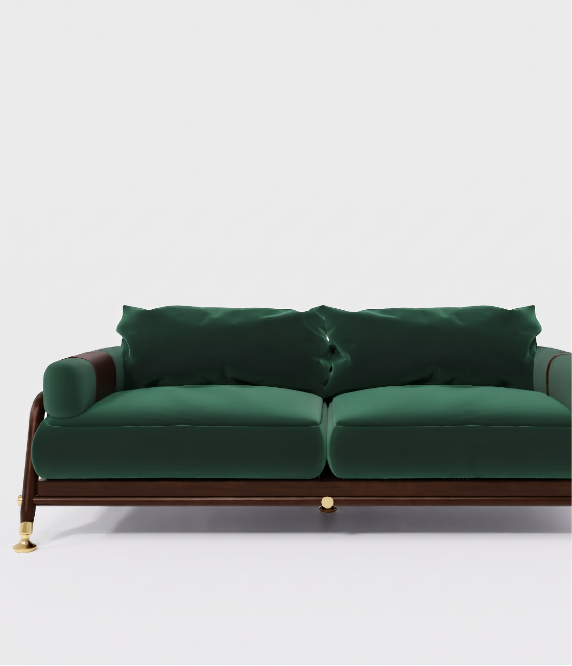Green velvet sofa with walnut frame and brass feet