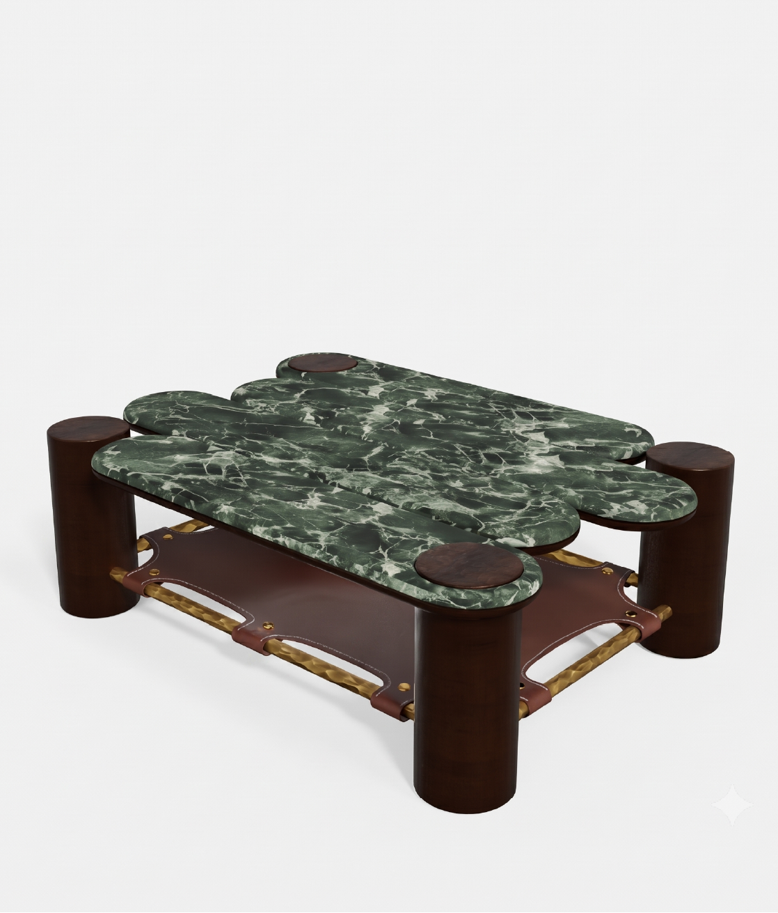 Coffee table with green marble top and leather shelf