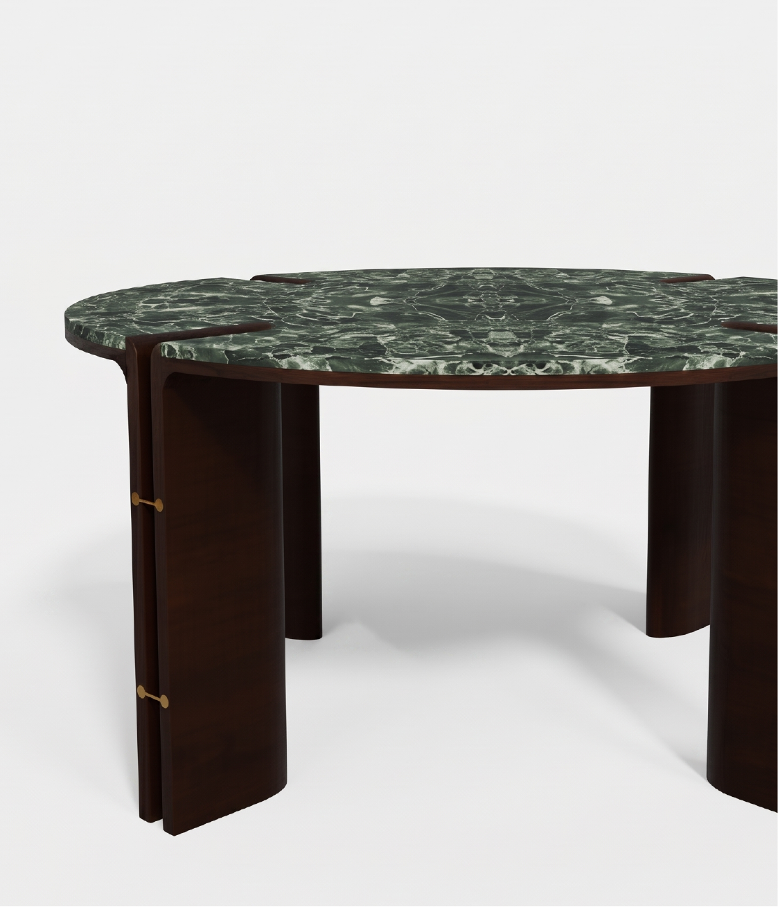 Round dining table with green marble top and dark wood legs