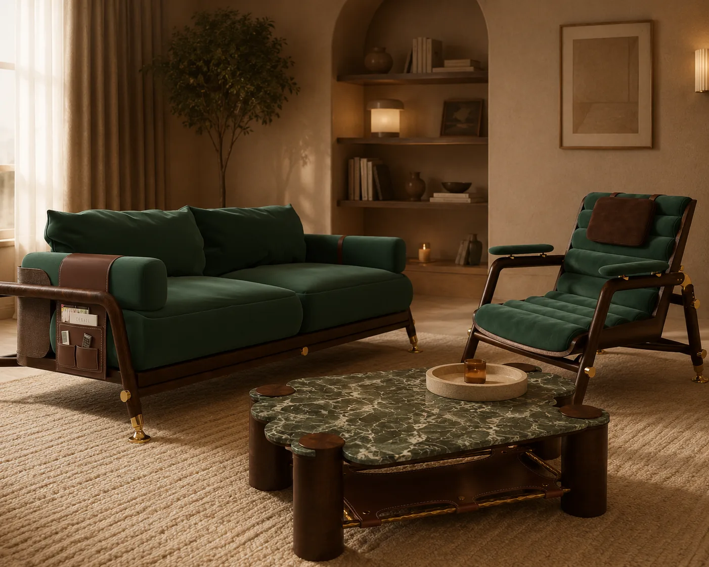 Collection in a living room — sofa, lounge chair, and marble coffee table in emerald velvet, walnut, and brass